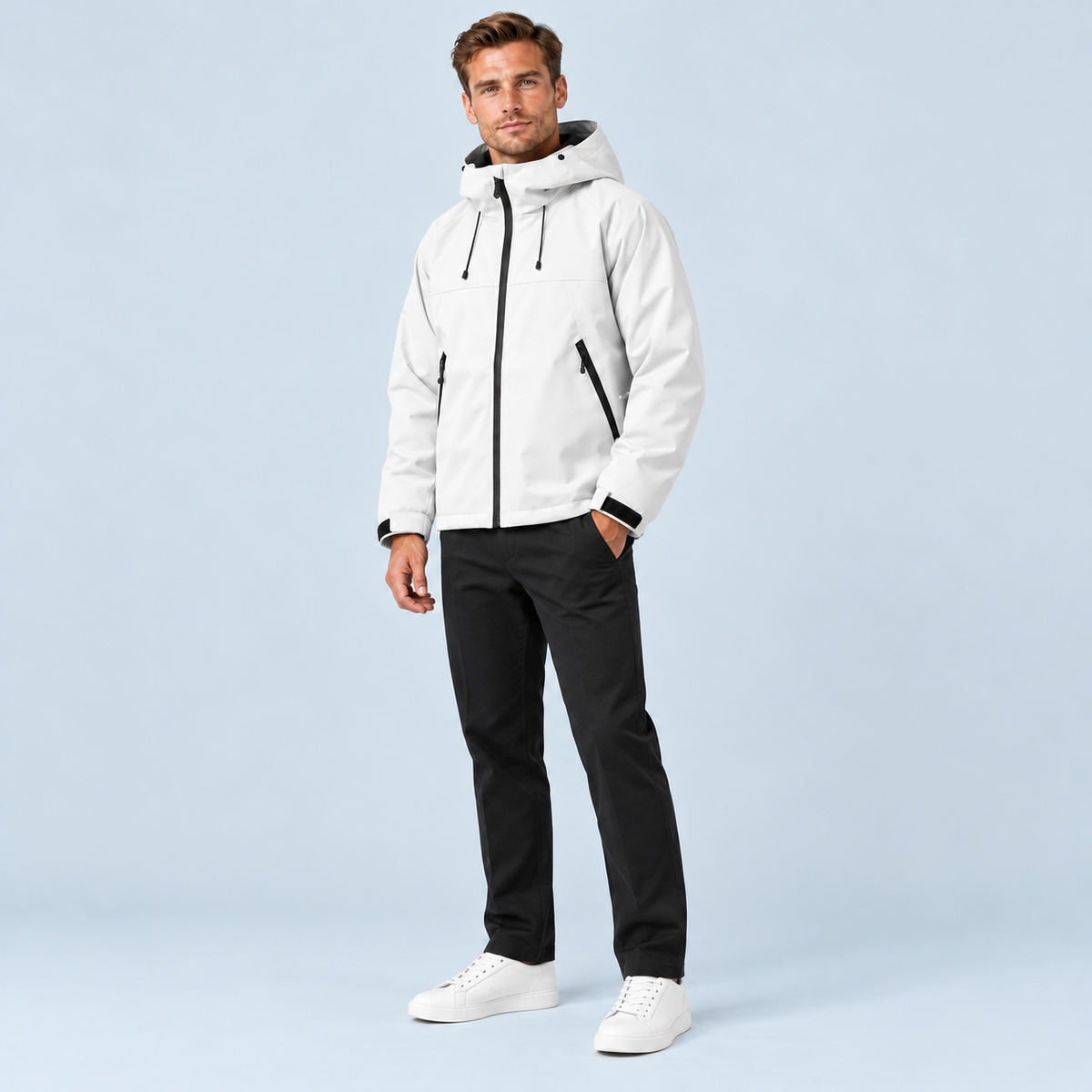Veste unisexe à capuche et poches zippées — Blanc - trois quarts