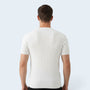 Back view of a man wearing a Savrille white short sleeve ribbed knit shirt with a structured fit.