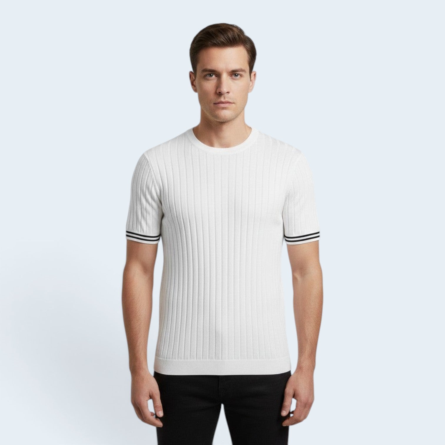 Savrille white short sleeve ribbed knit crewneck t-shirt with black stripe detail on sleeves worn by a male model
