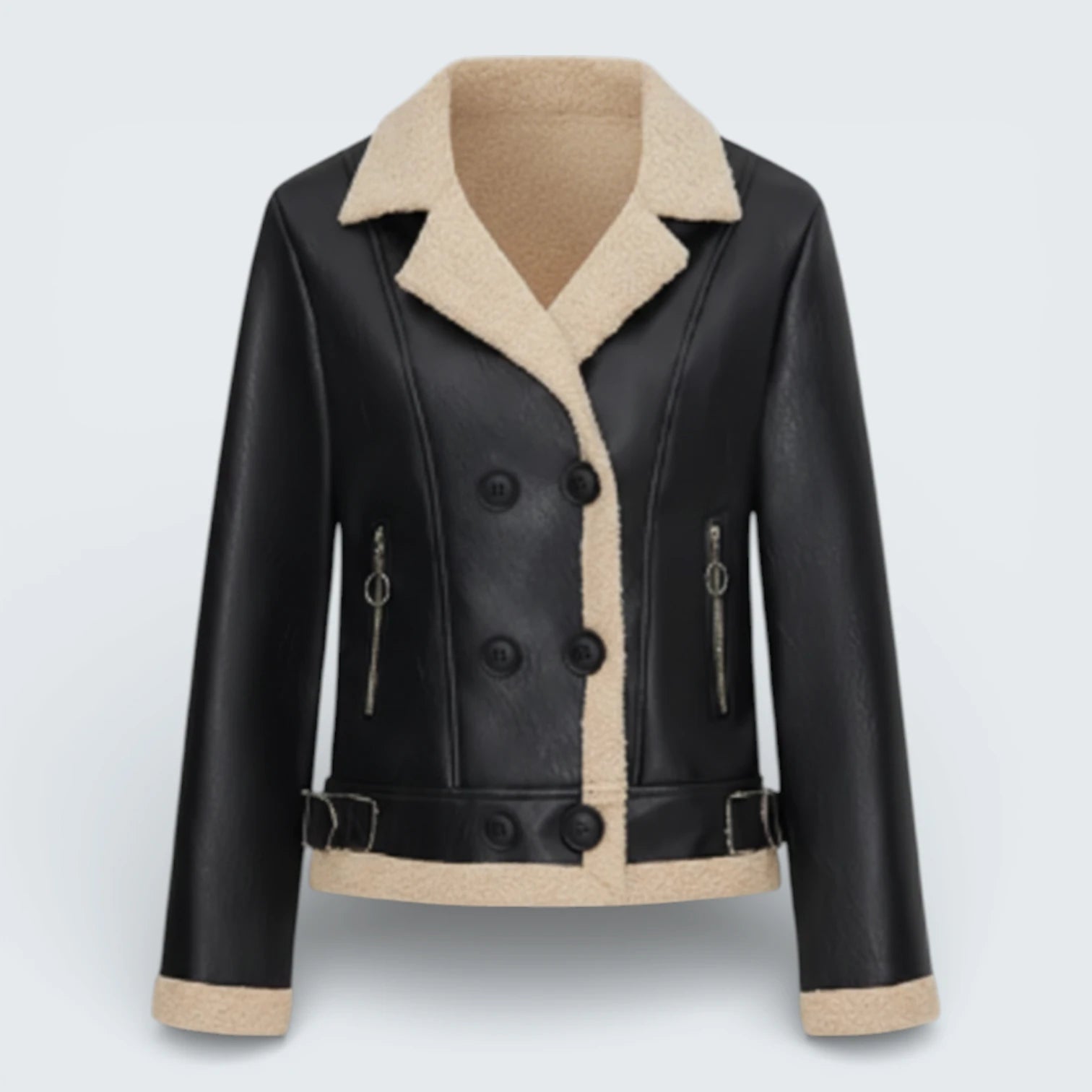 Blouson Aviateur Effet Cuir et Moumoute - Veste Biker Chaude avec Col à Boucle