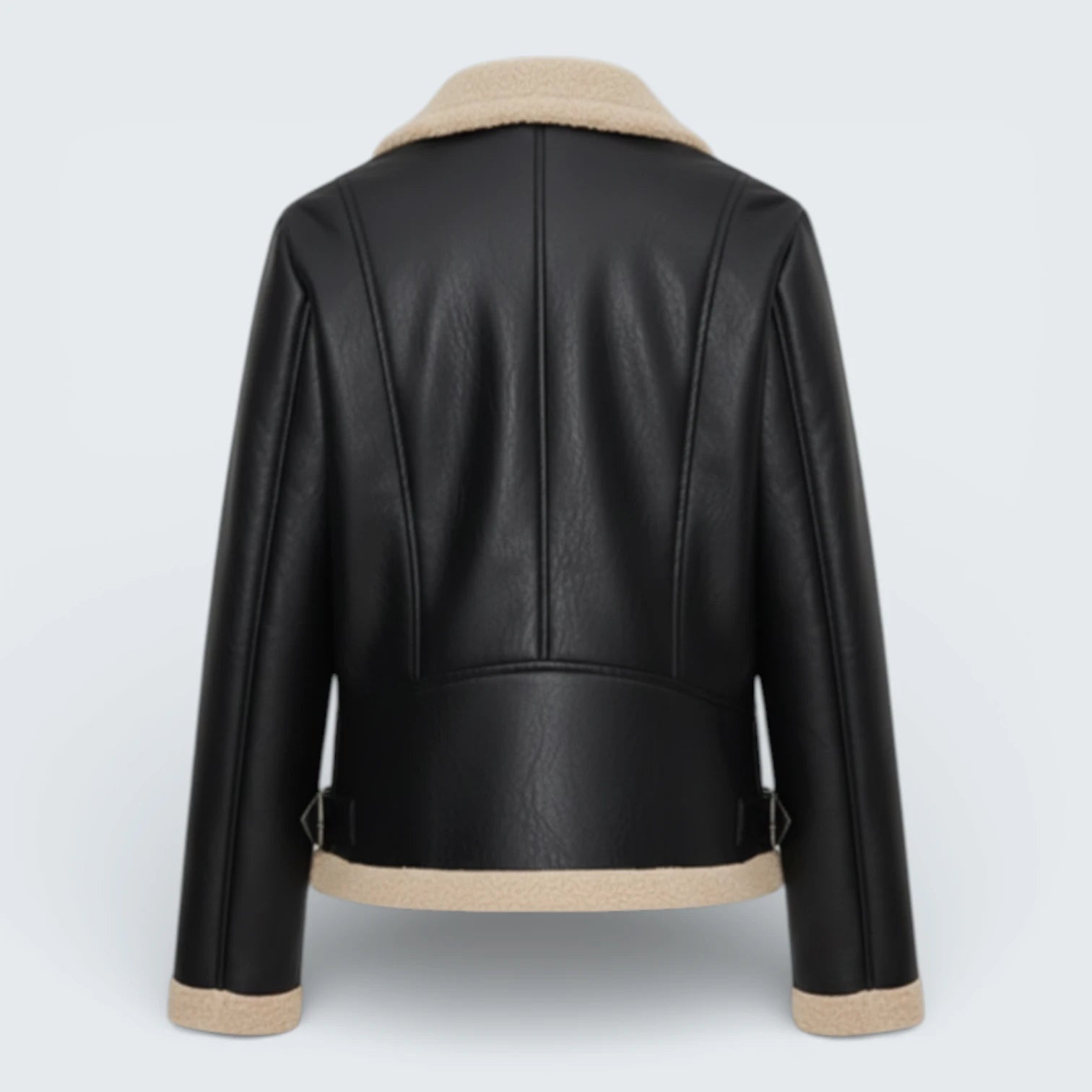 Blouson Aviateur Effet Cuir et Moumoute - Veste Biker Chaude avec Col à Boucle